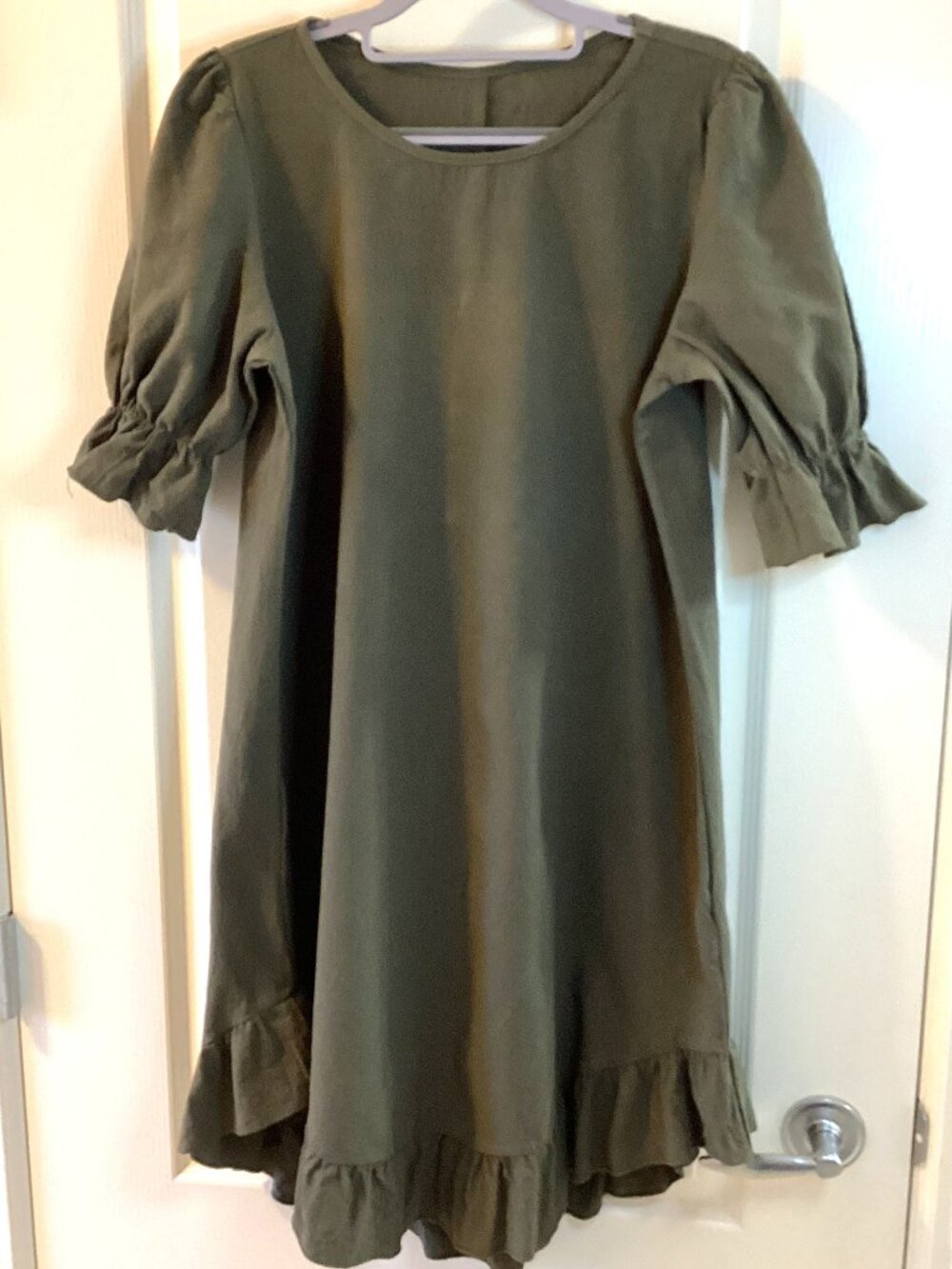 Women's Army Green Cotton Dress Short Ruffle Sleeves Pull-on Loose Fit Crewneck